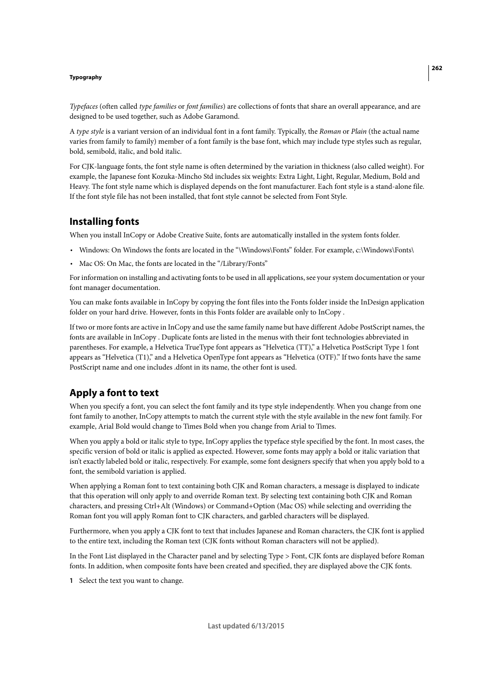 Installing fonts, Apply a font to text | Adobe InCopy CC 2015 User Manual | Page 265 / 393