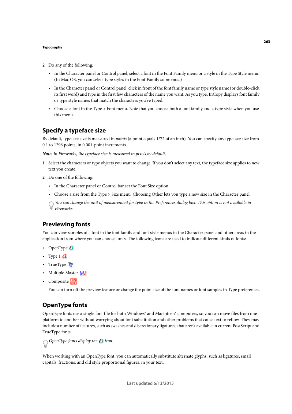Specify a typeface size, Previewing fonts, Opentype fonts | Adobe InCopy CC 2015 User Manual | Page 266 / 393