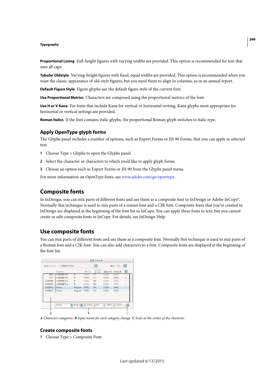 Apply opentype glyph forms, Composite fonts, Use composite fonts | Create composite fonts | Adobe InCopy CC 2015 User Manual | Page 269 / 393