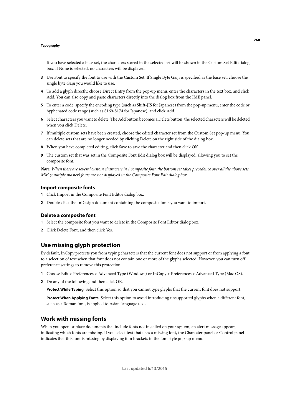 Import composite fonts, Delete a composite font, Use missing glyph protection | Work with missing fonts | Adobe InCopy CC 2015 User Manual | Page 271 / 393