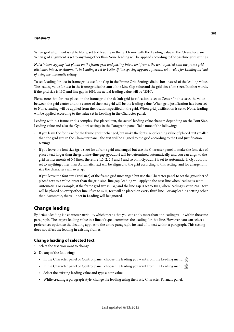 Change leading, Change leading of selected text | Adobe InCopy CC 2015 User Manual | Page 286 / 393