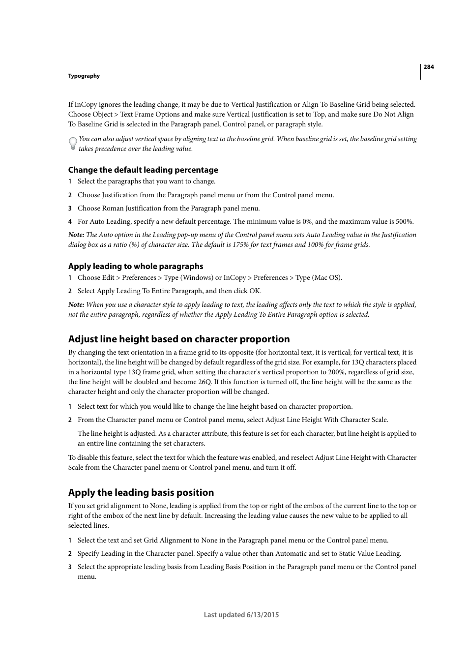 Change the default leading percentage, Apply leading to whole paragraphs, Adjust line height based on character proportion | Apply the leading basis position | Adobe InCopy CC 2015 User Manual | Page 287 / 393