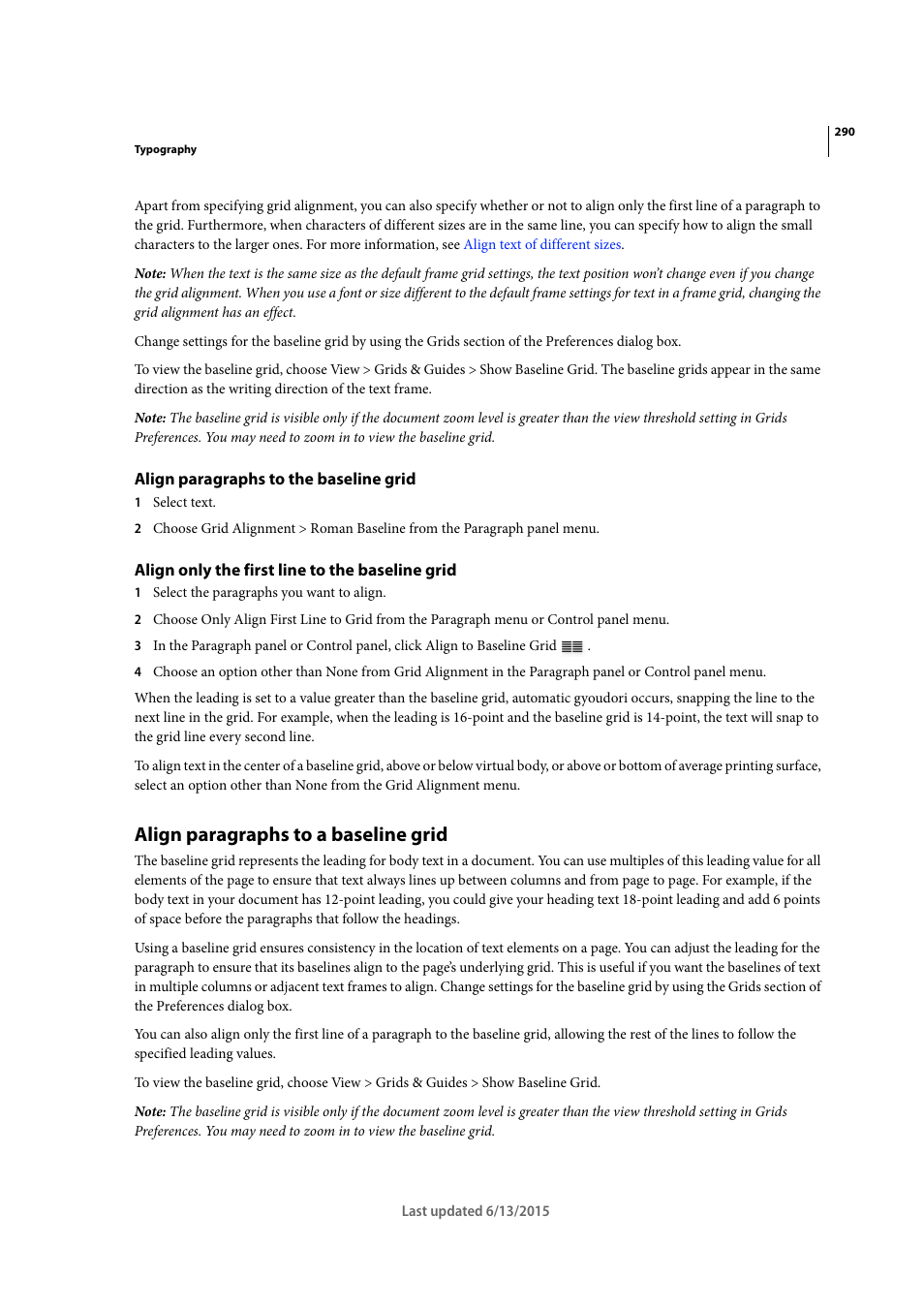 Align paragraphs to the baseline grid, Align only the first line to the baseline grid, Align paragraphs to a baseline grid | Adobe InCopy CC 2015 User Manual | Page 293 / 393