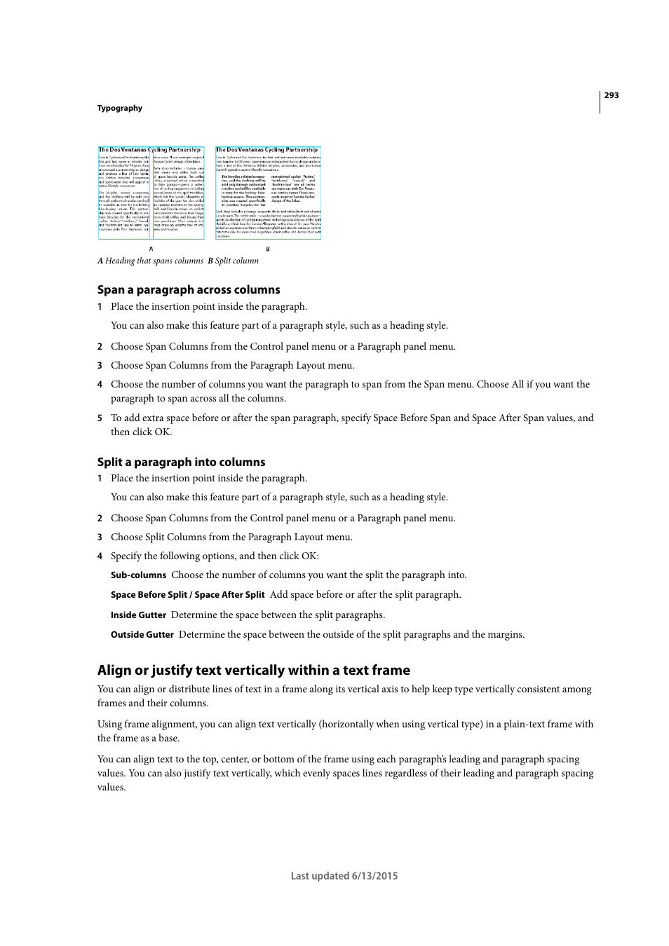 Span a paragraph across columns, Split a paragraph into columns | Adobe InCopy CC 2015 User Manual | Page 296 / 393