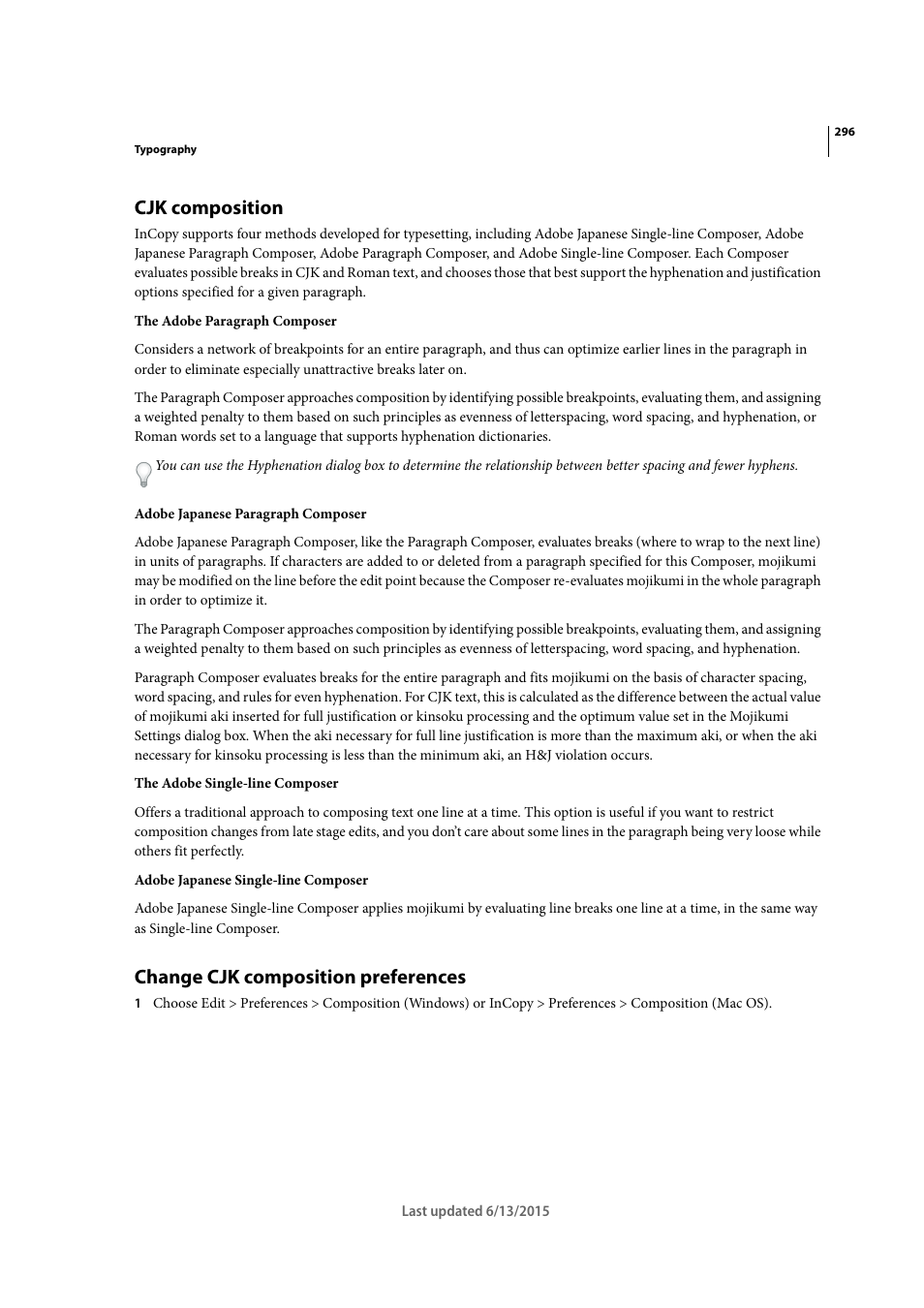 Cjk composition, Change cjk composition preferences | Adobe InCopy CC 2015 User Manual | Page 299 / 393