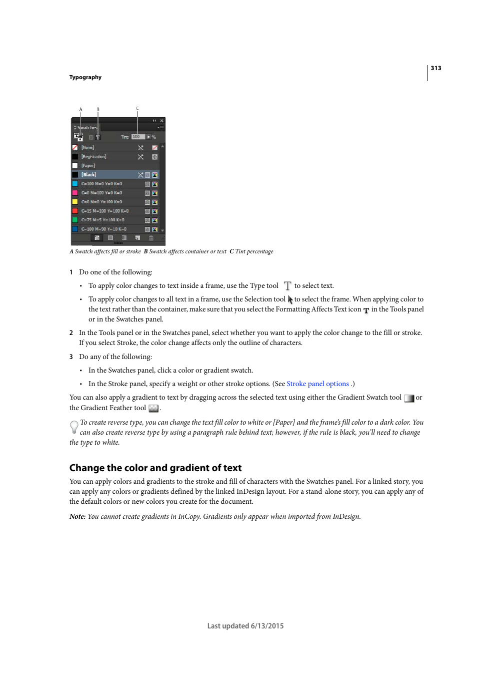 Change the color and gradient of text | Adobe InCopy CC 2015 User Manual | Page 315 / 393