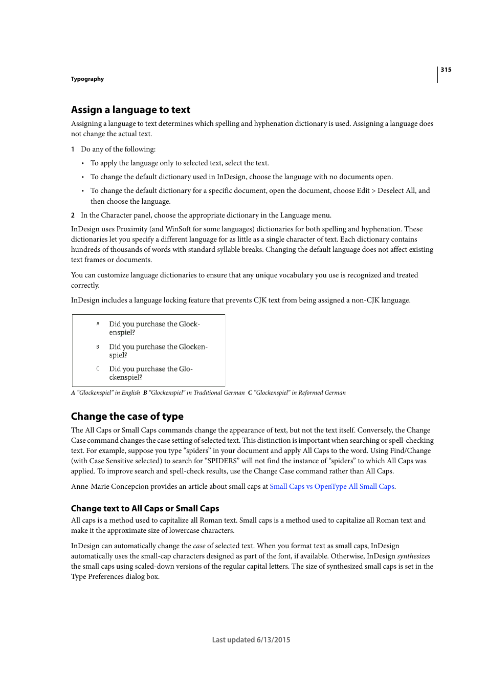 Assign a language to text, Change the case of type, Change text to all caps or small caps | Adobe InCopy CC 2015 User Manual | Page 317 / 393