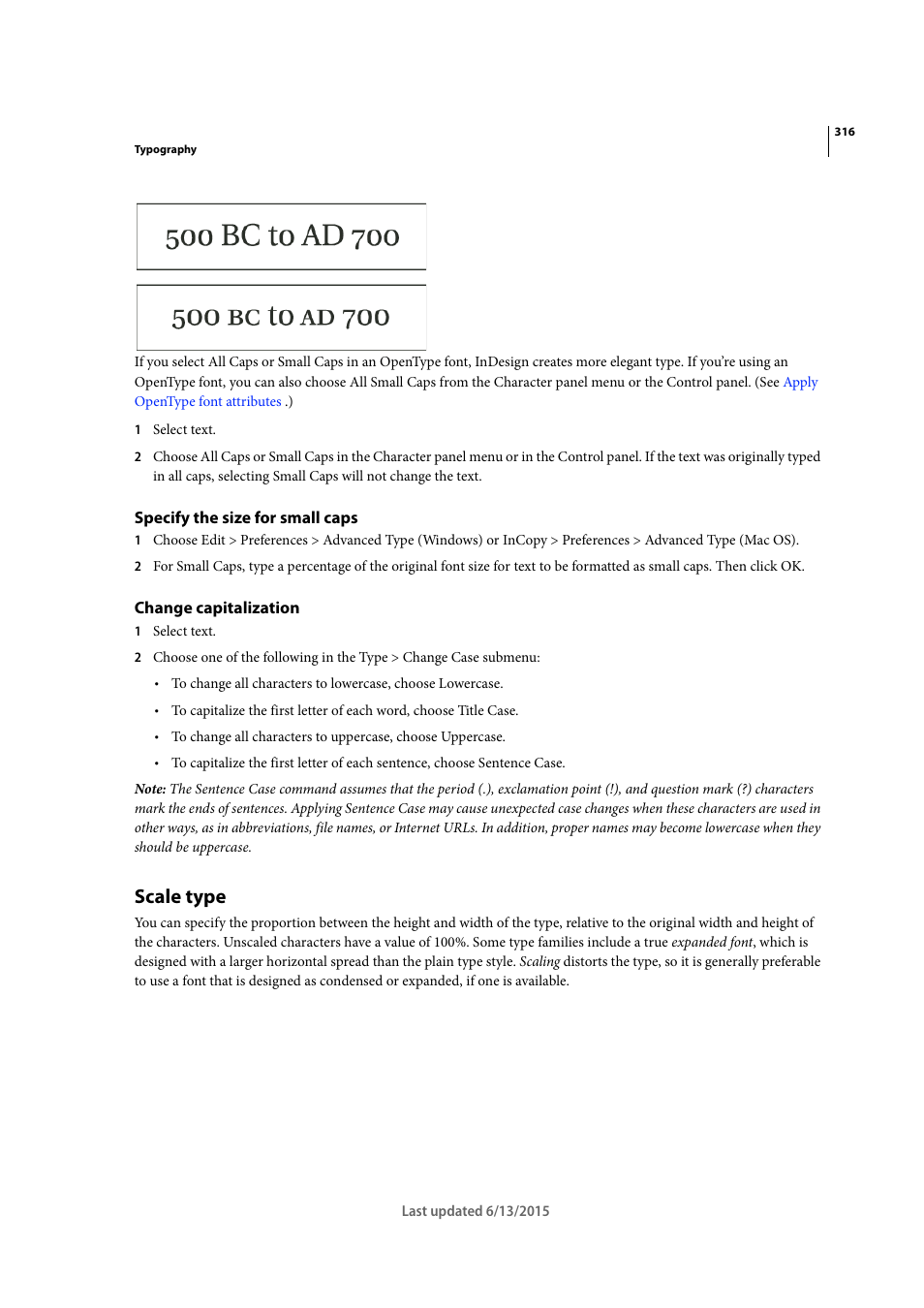 Specify the size for small caps, Change capitalization, Scale type | Adobe InCopy CC 2015 User Manual | Page 318 / 393