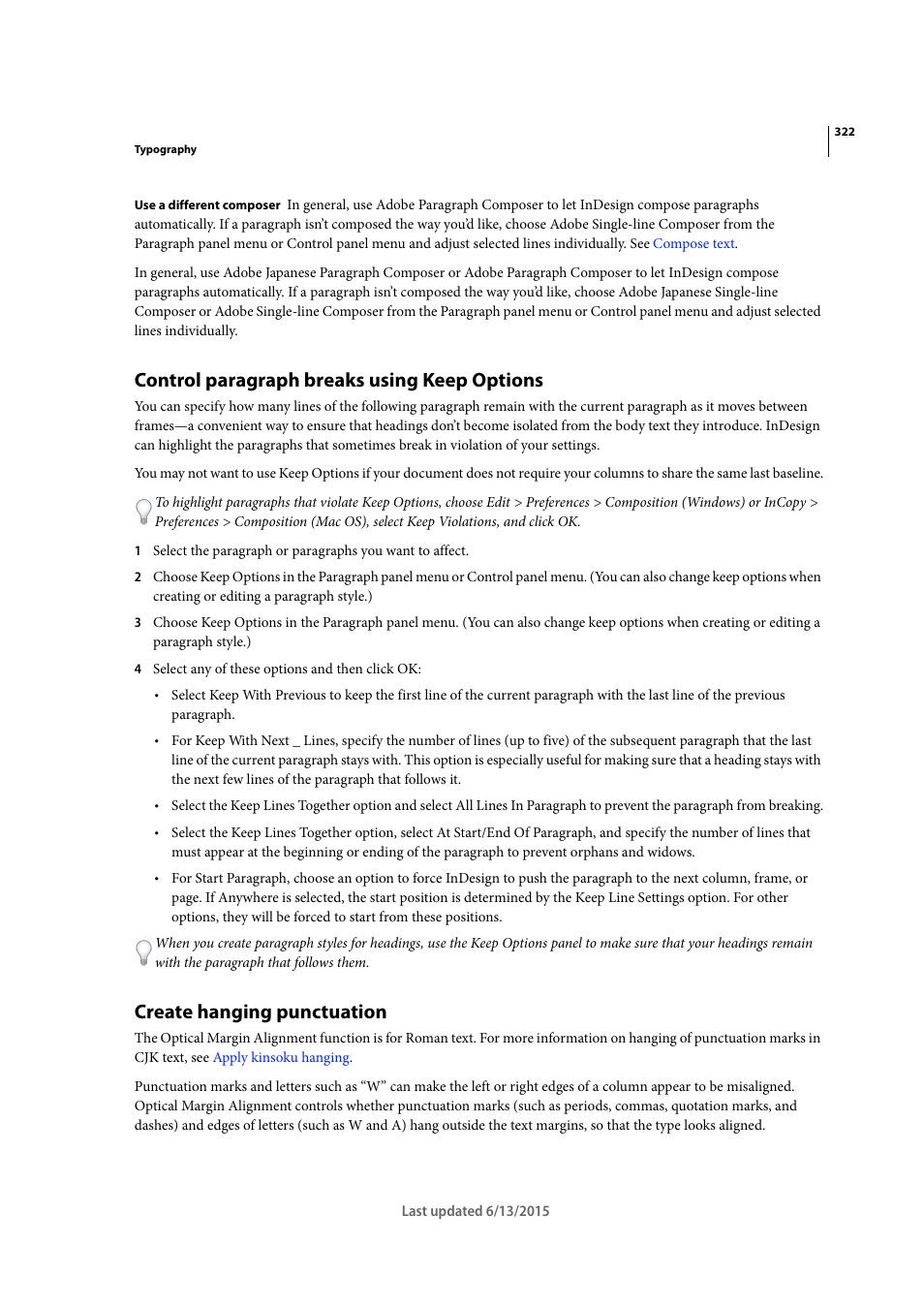 Control paragraph breaks using keep options, Create hanging punctuation | Adobe InCopy CC 2015 User Manual | Page 324 / 393