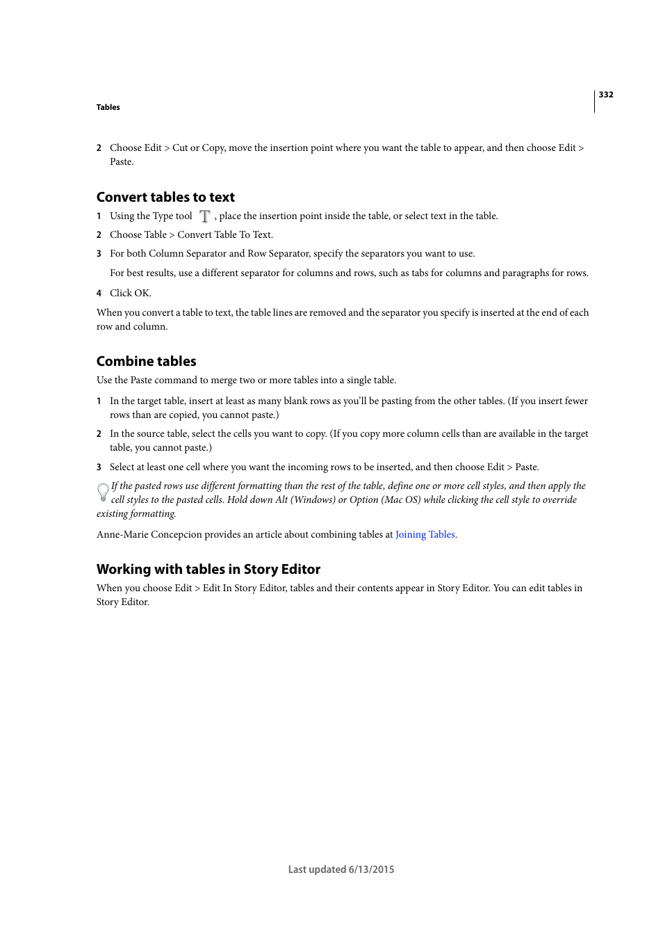 Convert tables to text, Combine tables, Working with tables in story editor | Adobe InCopy CC 2015 User Manual | Page 334 / 393