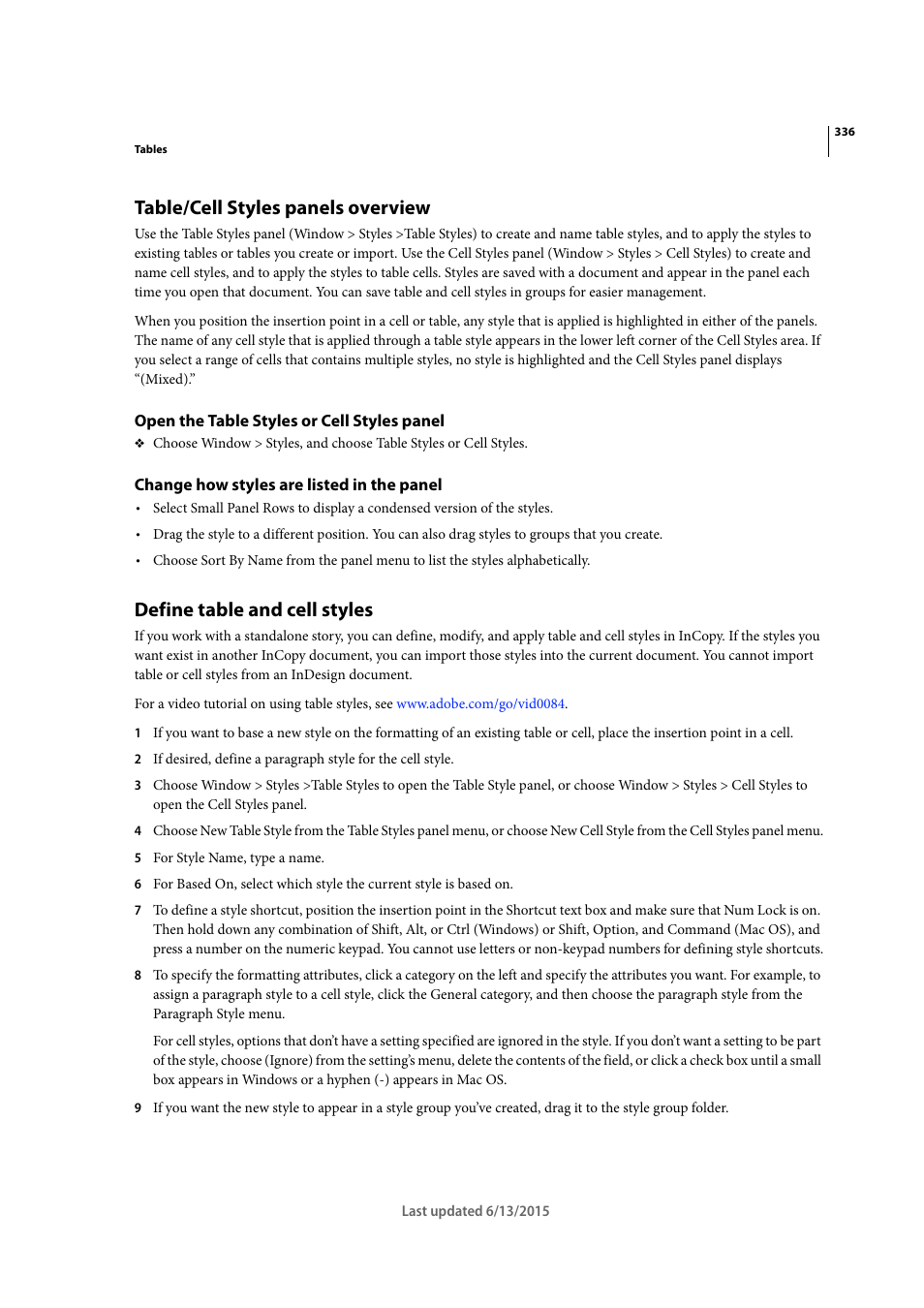 Table/cell styles panels overview, Open the table styles or cell styles panel, Change how styles are listed in the panel | Define table and cell styles | Adobe InCopy CC 2015 User Manual | Page 338 / 393