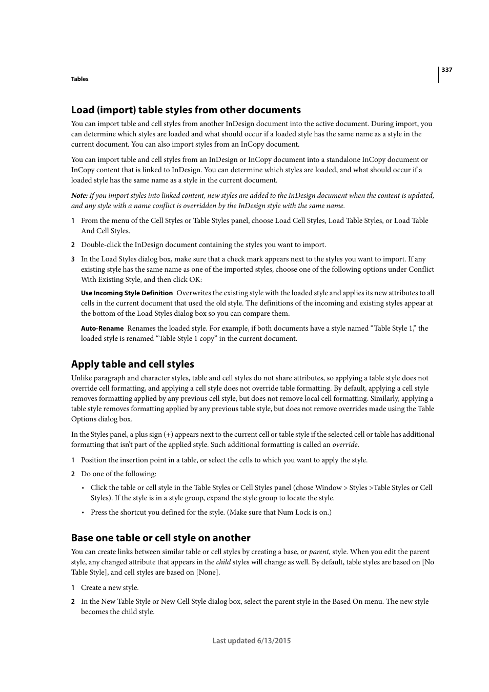 Load (import) table styles from other documents, Apply table and cell styles, Base one table or cell style on another | Adobe InCopy CC 2015 User Manual | Page 339 / 393