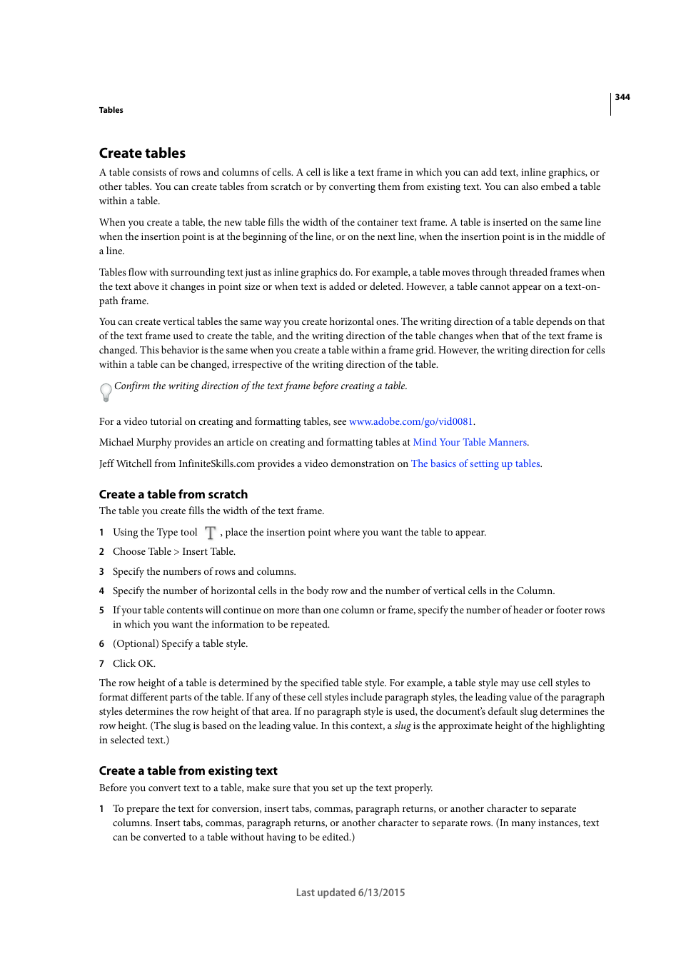 Create tables, Create a table from scratch, Create a table from existing text | Adobe InCopy CC 2015 User Manual | Page 346 / 393