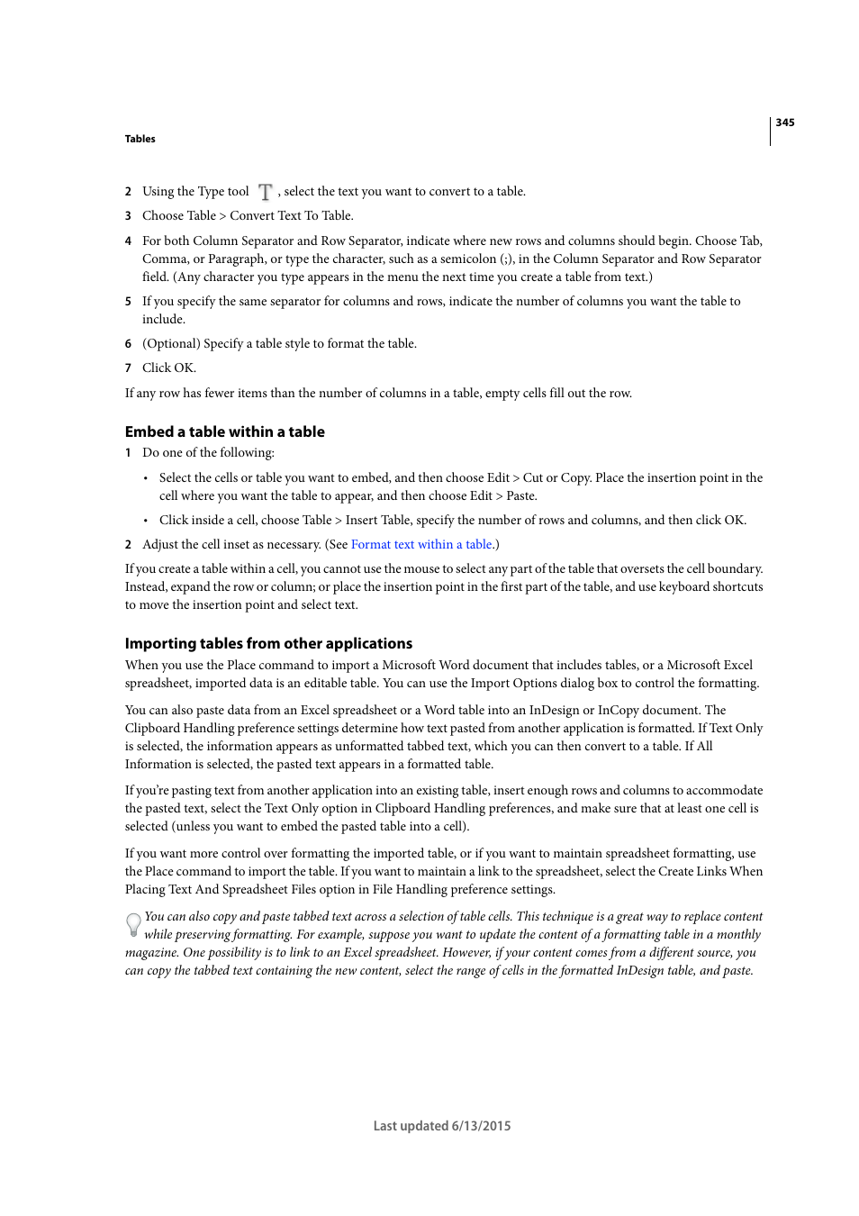 Embed a table within a table, Importing tables from other applications | Adobe InCopy CC 2015 User Manual | Page 347 / 393