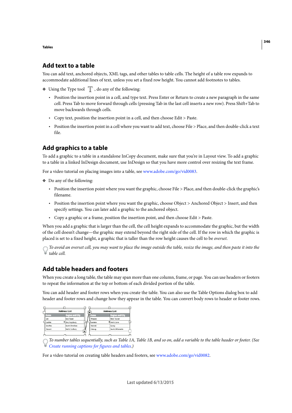 Add text to a table, Add graphics to a table, Add table headers and footers | Adobe InCopy CC 2015 User Manual | Page 348 / 393