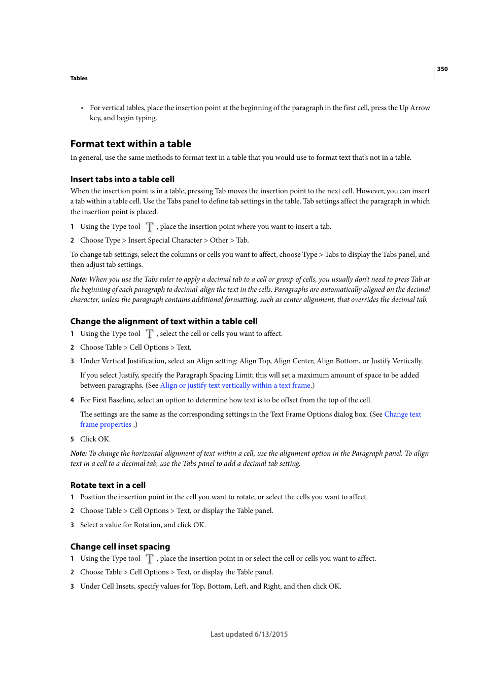 Format text within a table, Insert tabs into a table cell, Change the alignment of text within a table cell | Rotate text in a cell, Change cell inset spacing | Adobe InCopy CC 2015 User Manual | Page 352 / 393