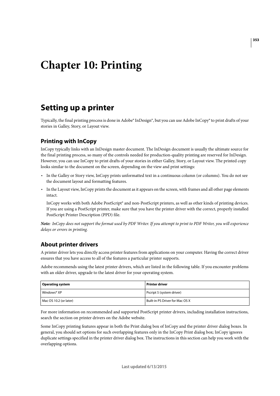 Chapter 10: printing, Setting up a printer, Printing with incopy | About printer drivers | Adobe InCopy CC 2015 User Manual | Page 355 / 393
