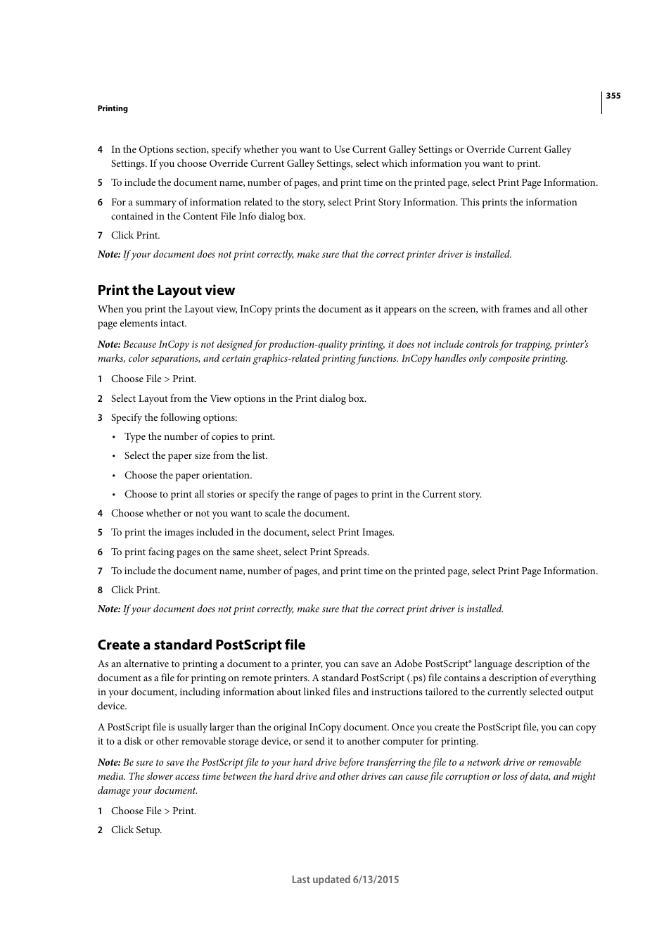 Print the layout view, Create a standard postscript file | Adobe InCopy CC 2015 User Manual | Page 357 / 393