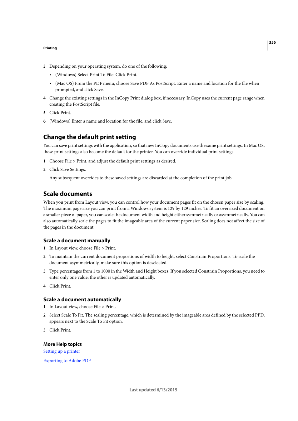 Change the default print setting, Scale documents, Scale a document manually | Scale a document automatically | Adobe InCopy CC 2015 User Manual | Page 358 / 393