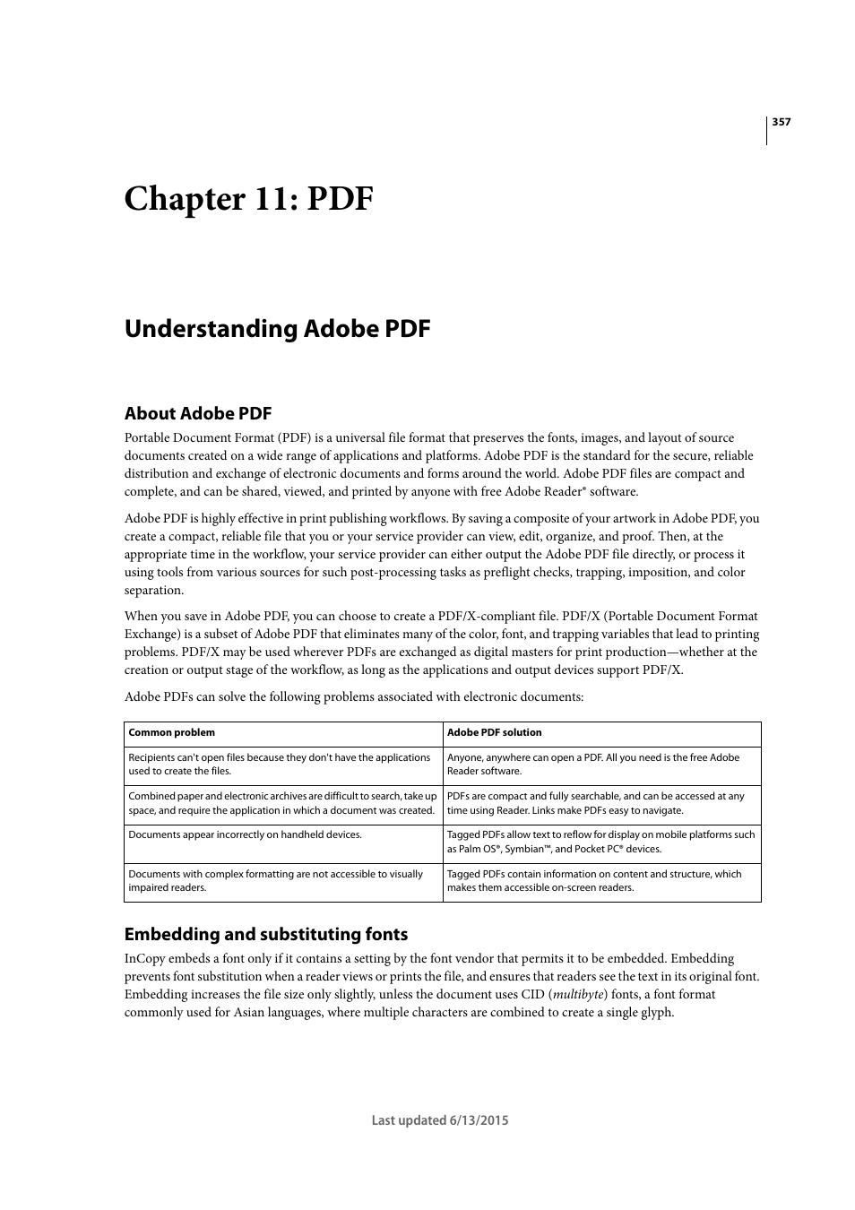 Chapter 11: pdf, Understanding adobe pdf, About adobe pdf | Embedding and substituting fonts | Adobe InCopy CC 2015 User Manual | Page 359 / 393