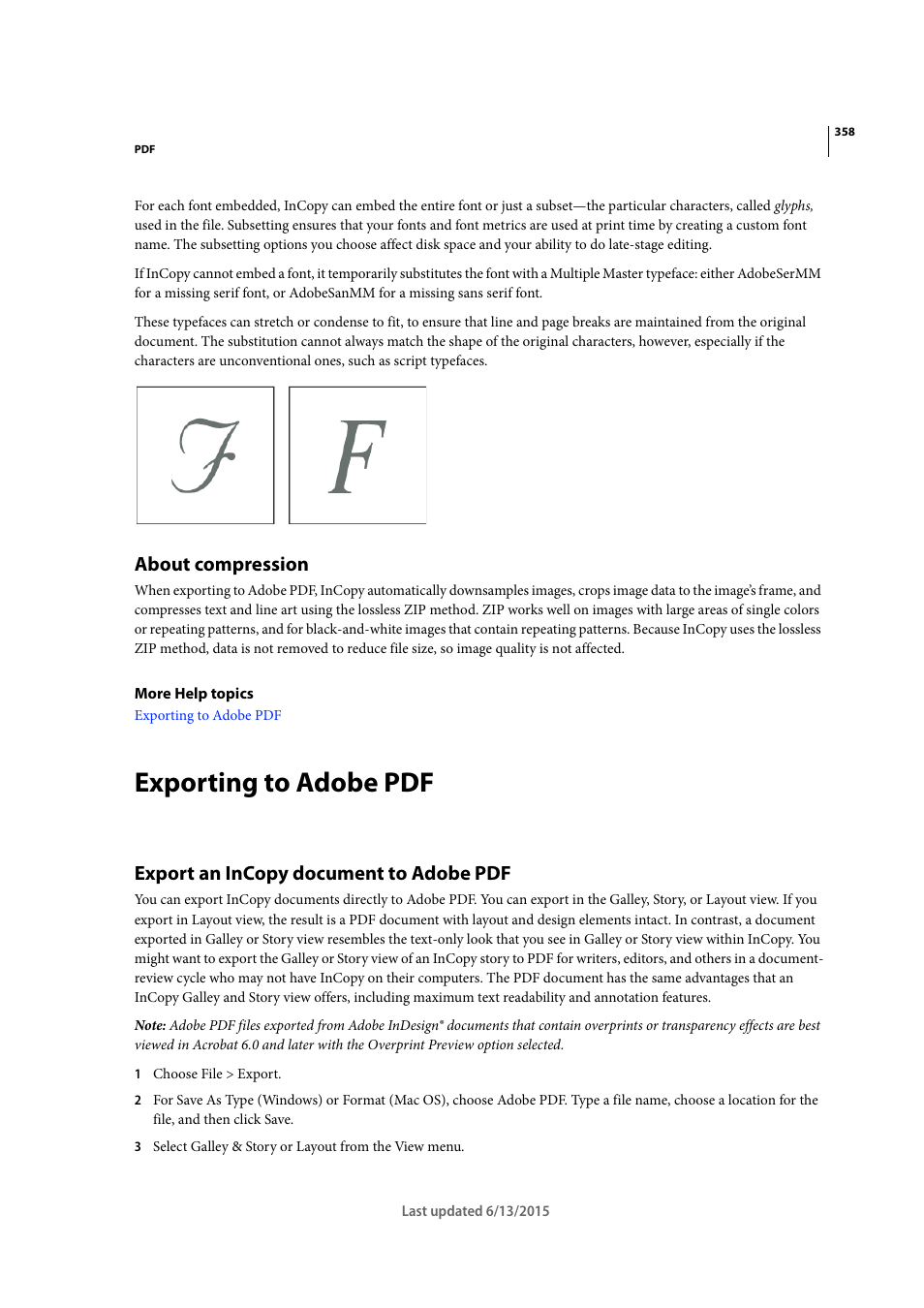 About compression, Exporting to adobe pdf, Export an incopy document to adobe pdf | Adobe InCopy CC 2015 User Manual | Page 360 / 393