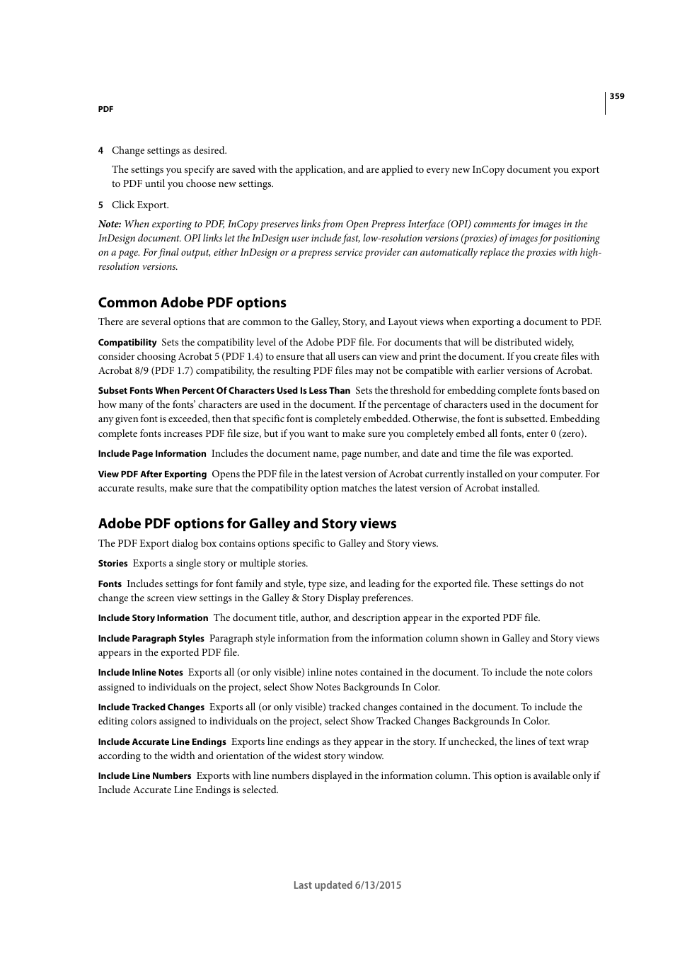 Common adobe pdf options, Adobe pdf options for galley and story views | Adobe InCopy CC 2015 User Manual | Page 361 / 393