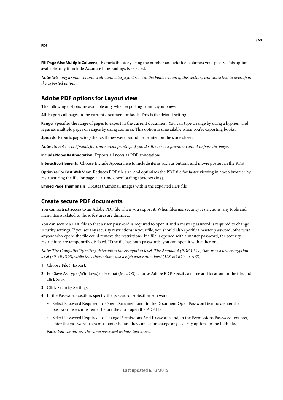 Adobe pdf options for layout view, Create secure pdf documents | Adobe InCopy CC 2015 User Manual | Page 362 / 393