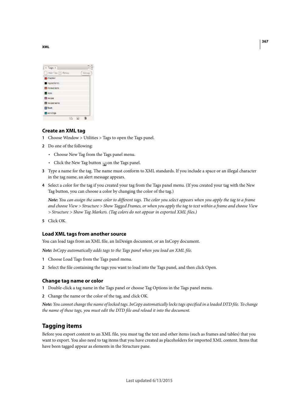 Create an xml tag, Load xml tags from another source, Change tag name or color | Tagging items | Adobe InCopy CC 2015 User Manual | Page 369 / 393