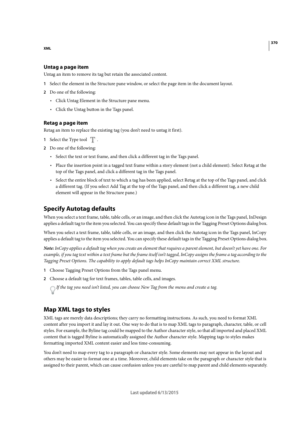 Specify autotag defaults, Map xml tags to styles | Adobe InCopy CC 2015 User Manual | Page 372 / 393