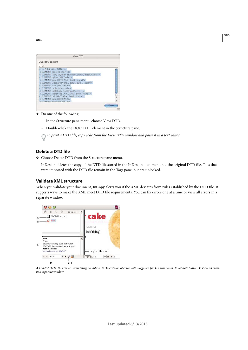 Delete a dtd file, Validate xml structure | Adobe InCopy CC 2015 User Manual | Page 382 / 393