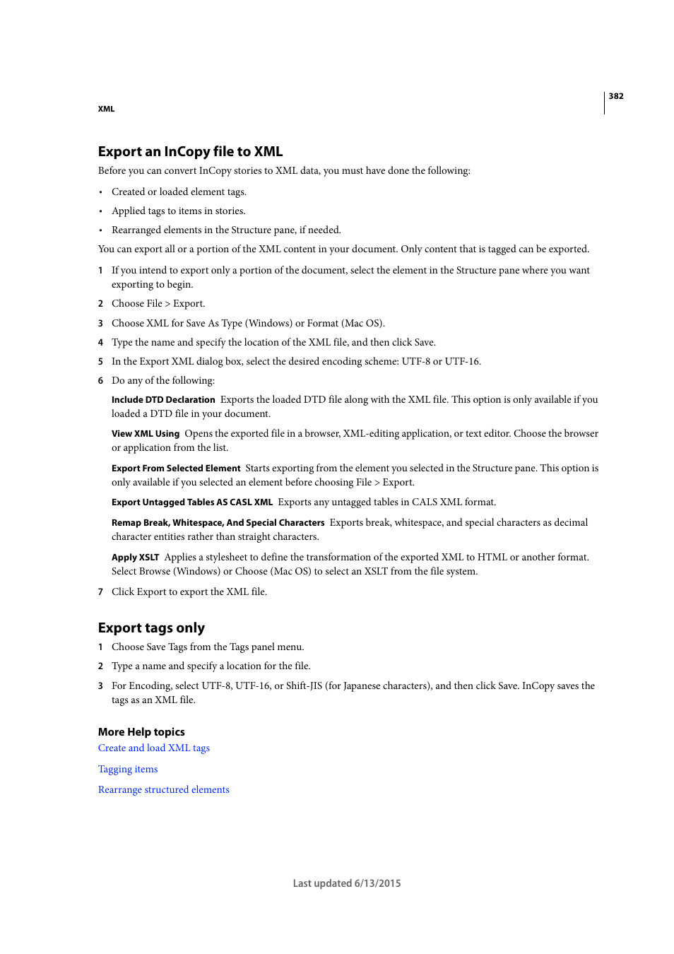 Export an incopy file to xml, Export tags only | Adobe InCopy CC 2015 User Manual | Page 384 / 393