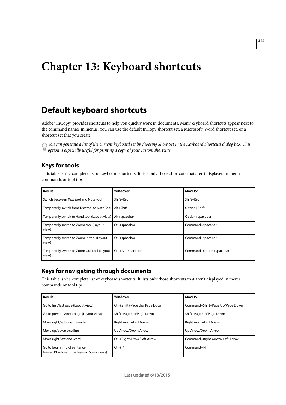 Chapter 13: keyboard shortcuts, Default keyboard shortcuts, Keys for tools | Keys for navigating through documents | Adobe InCopy CC 2015 User Manual | Page 385 / 393