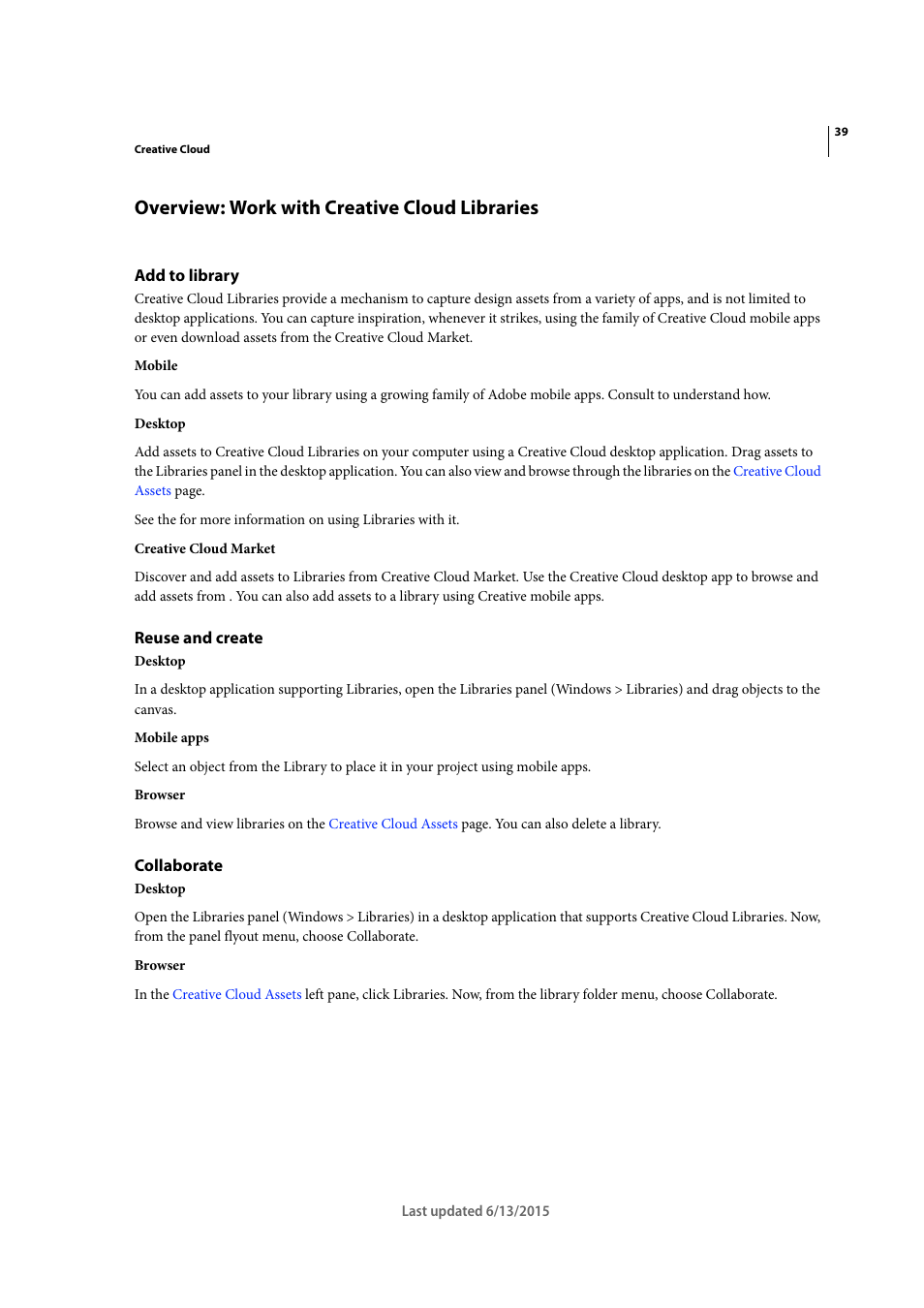 Overview: work with creative cloud libraries, Add to library, Reuse and create | Collaborate | Adobe InCopy CC 2015 User Manual | Page 42 / 393
