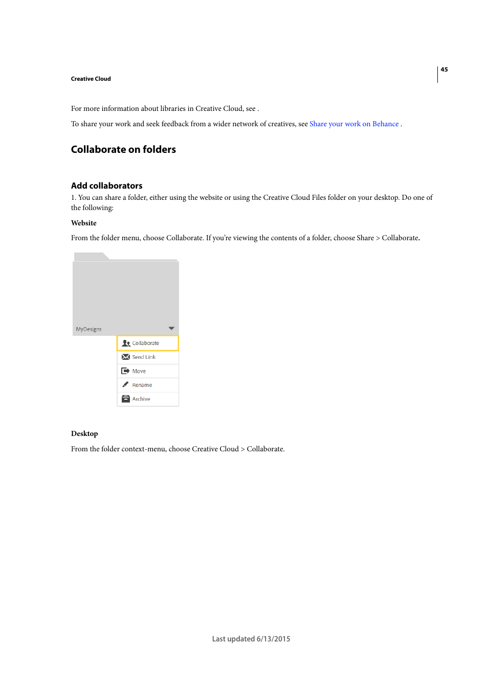 Collaborate on folders, Add collaborators | Adobe InCopy CC 2015 User Manual | Page 48 / 393