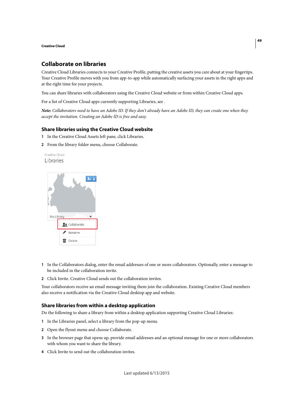 Collaborate on libraries, Share libraries using the creative cloud website, Share libraries from within a desktop application | Adobe InCopy CC 2015 User Manual | Page 52 / 393