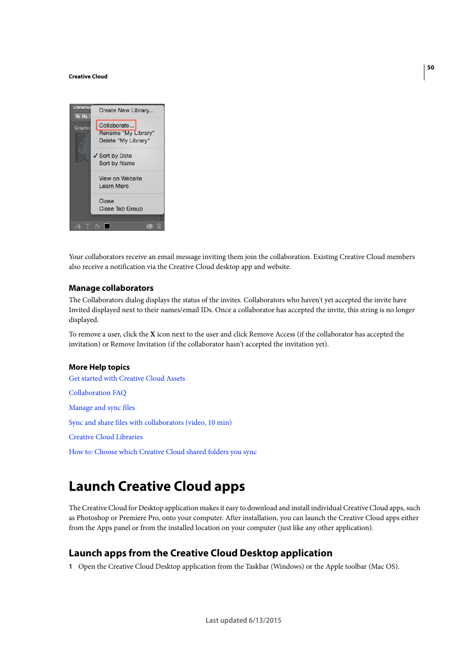 Manage collaborators, Launch creative cloud apps | Adobe InCopy CC 2015 User Manual | Page 53 / 393