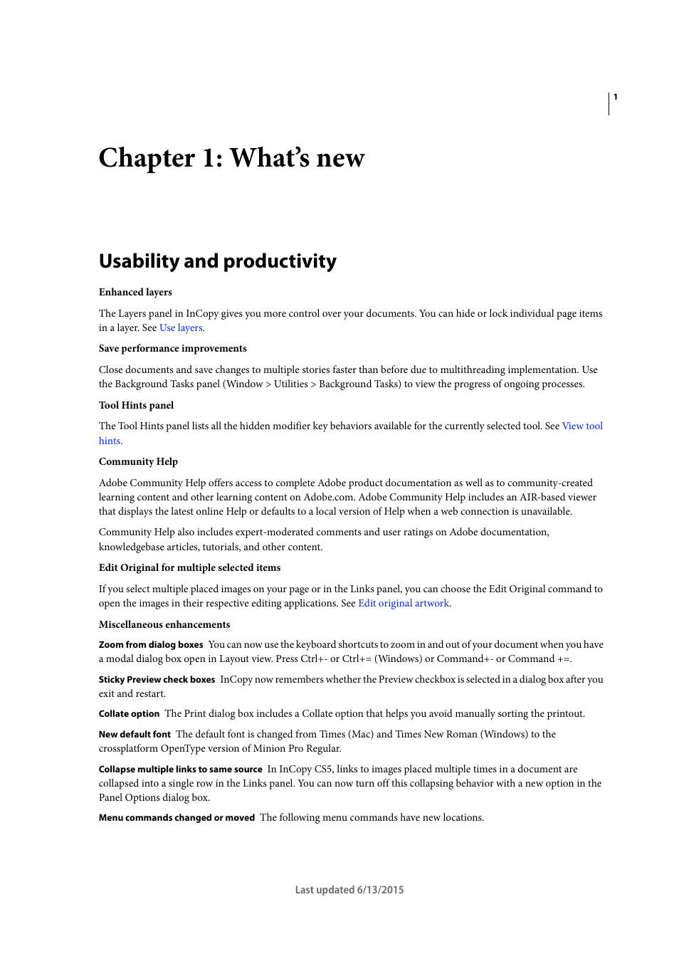 Chapter 1: what’s new, Usability and productivity | Adobe InCopy CC 2015 User Manual | Page 6 / 393