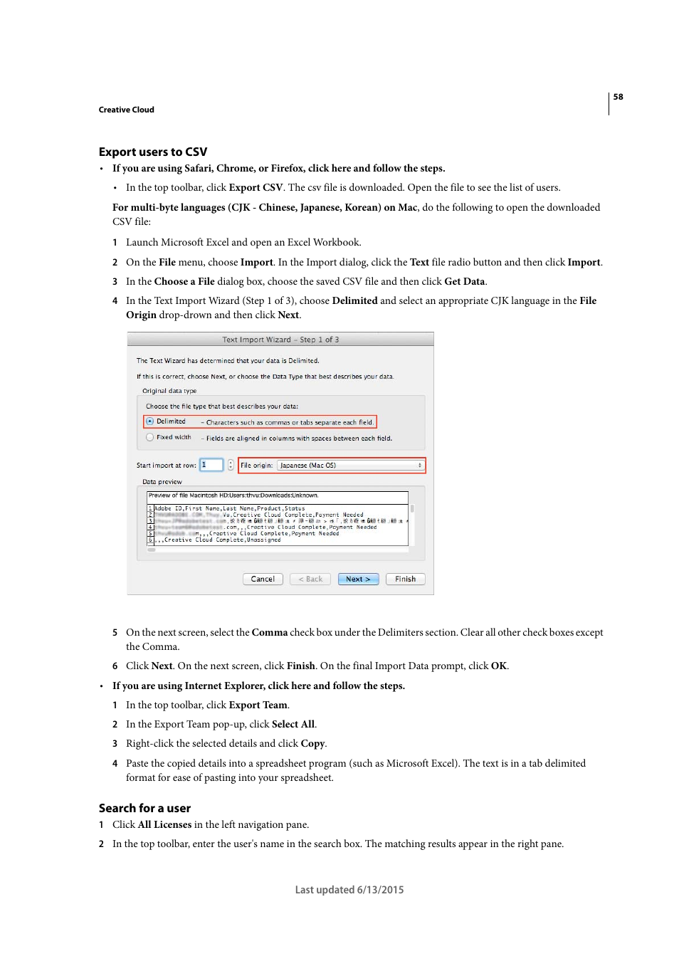 Export users to csv, Search for a user | Adobe InCopy CC 2015 User Manual | Page 61 / 393