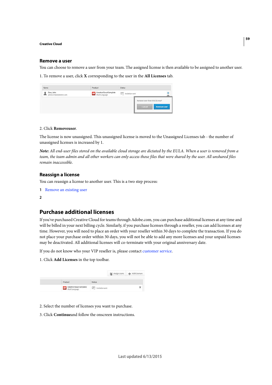 Remove a user, Reassign a license, Purchase additional licenses | Adobe InCopy CC 2015 User Manual | Page 62 / 393