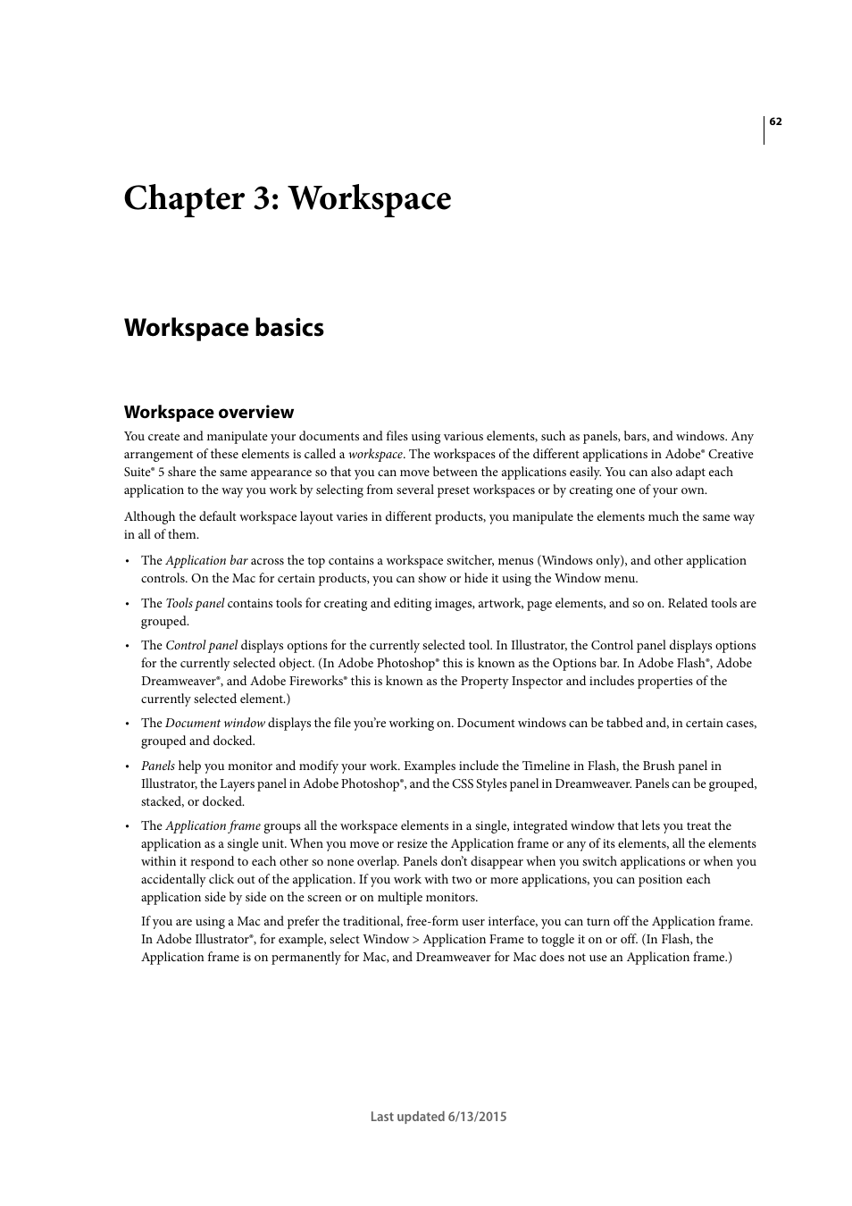 Chapter 3: workspace, Workspace basics, Workspace overview | Adobe InCopy CC 2015 User Manual | Page 65 / 393