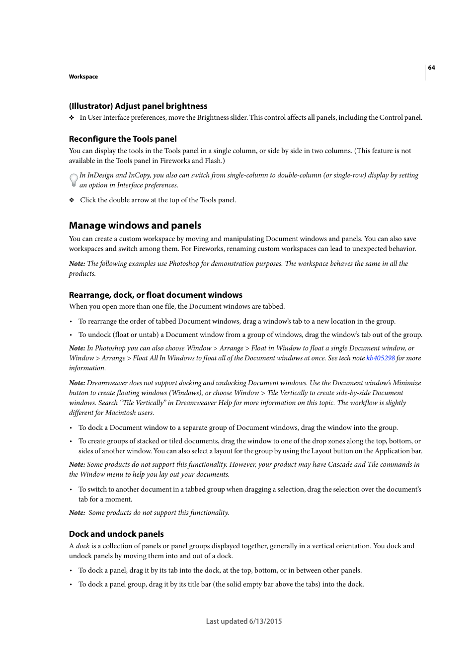 Illustrator) adjust panel brightness, Reconfigure the tools panel, Manage windows and panels | Rearrange, dock, or float document windows, Dock and undock panels | Adobe InCopy CC 2015 User Manual | Page 67 / 393