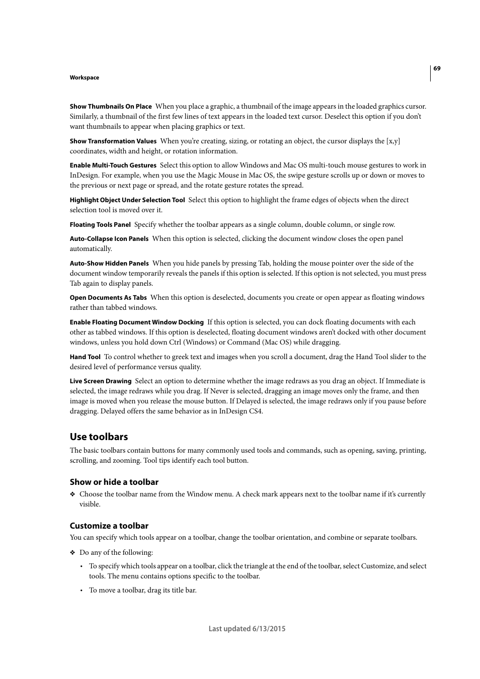 Use toolbars, Show or hide a toolbar, Customize a toolbar | Adobe InCopy CC 2015 User Manual | Page 72 / 393