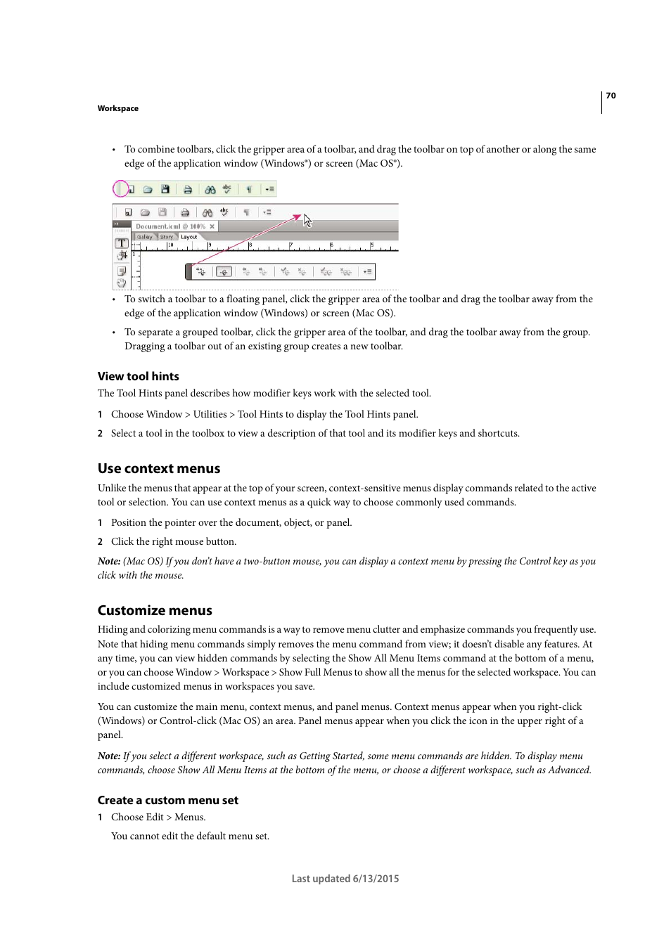 View tool hints, Use context menus, Customize menus | Create a custom menu set, View tool, Hints | Adobe InCopy CC 2015 User Manual | Page 73 / 393