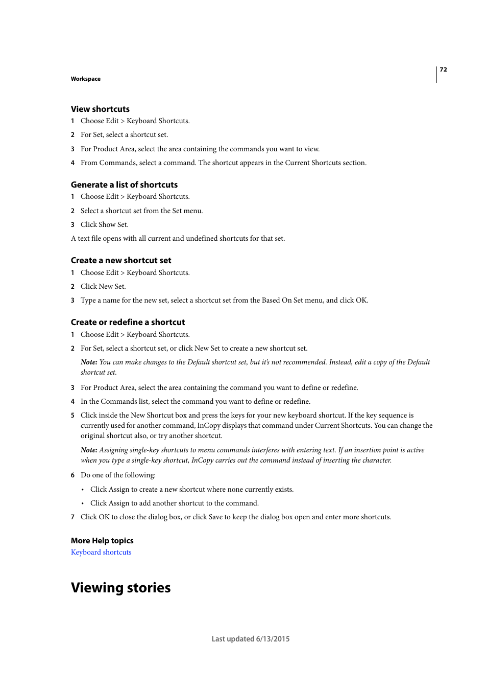 View shortcuts, Generate a list of shortcuts, Create a new shortcut set | Create or redefine a shortcut, Viewing stories | Adobe InCopy CC 2015 User Manual | Page 75 / 393