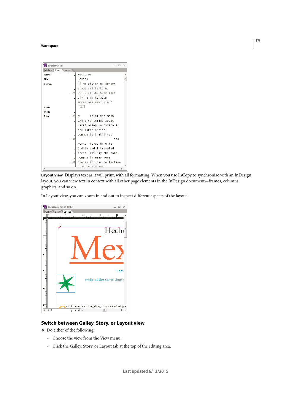 Switch between galley, story, or layout view | Adobe InCopy CC 2015 User Manual | Page 77 / 393