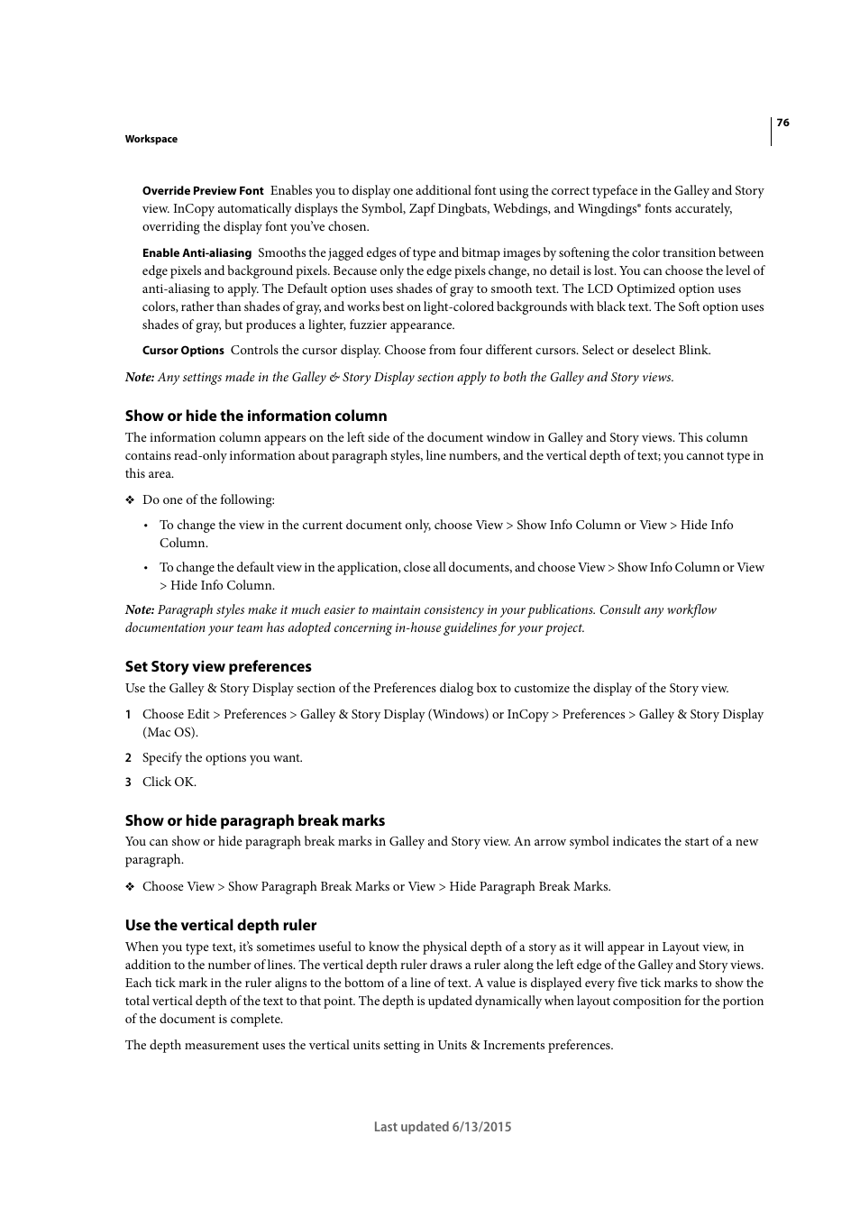 Show or hide the information column, Set story view preferences, Show or hide paragraph break marks | Use the vertical depth ruler | Adobe InCopy CC 2015 User Manual | Page 79 / 393