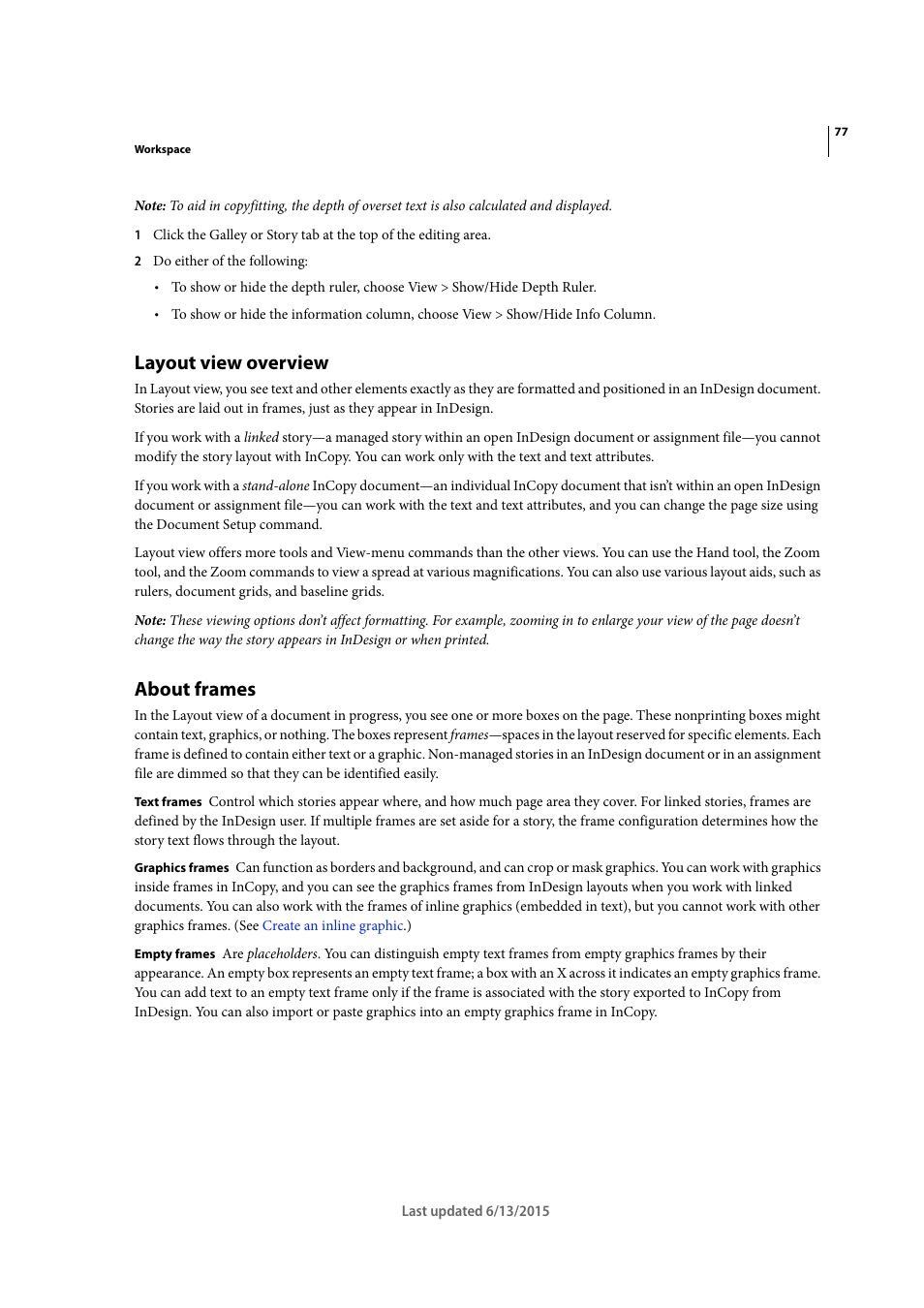 Layout view overview, About frames | Adobe InCopy CC 2015 User Manual | Page 80 / 393