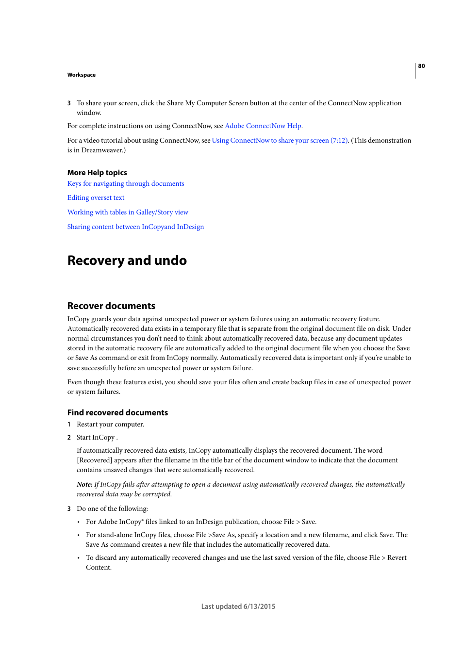 Recovery and undo, Recover documents, Find recovered documents | Adobe InCopy CC 2015 User Manual | Page 83 / 393