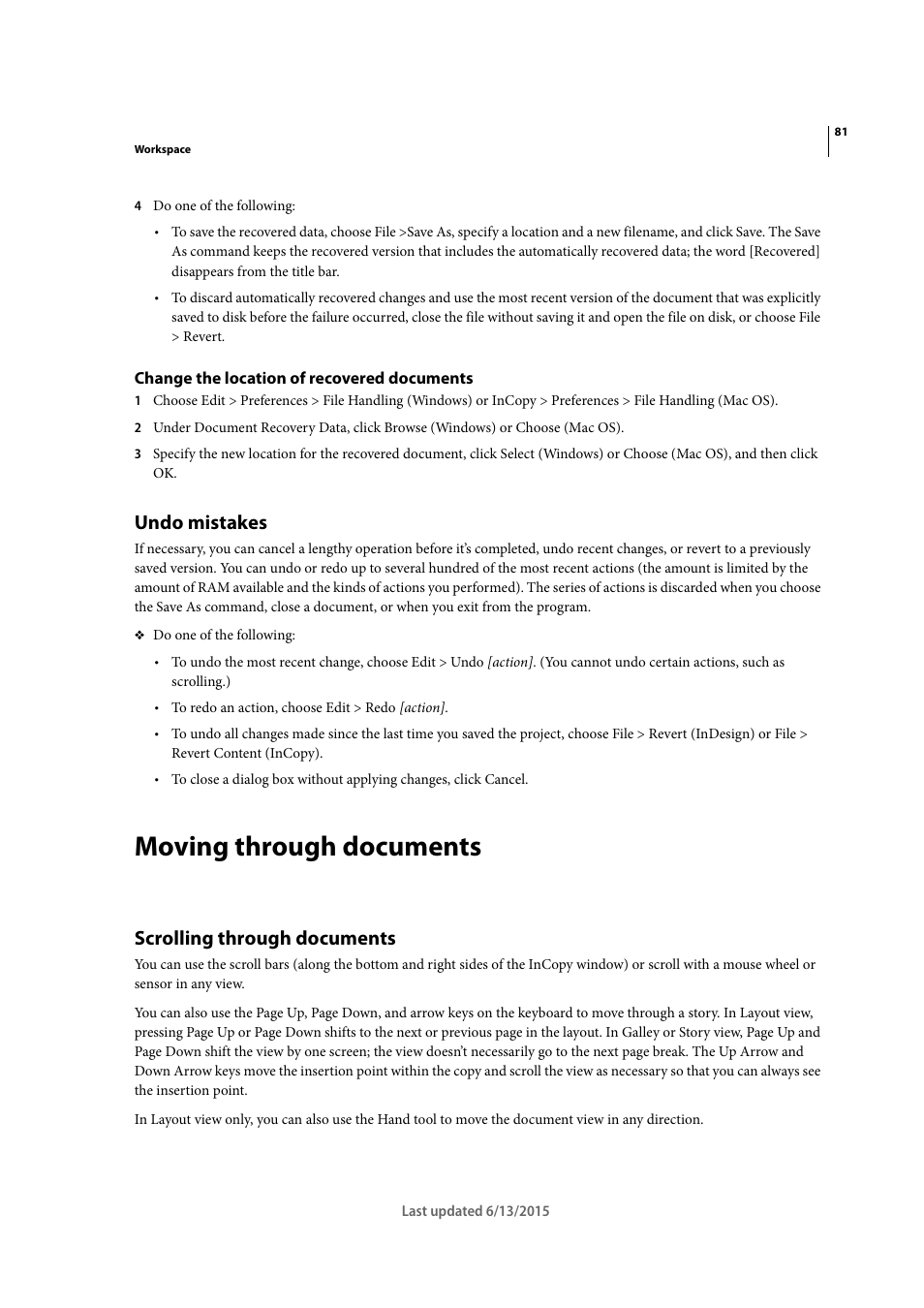 Change the location of recovered documents, Undo mistakes, Moving through documents | Scrolling through documents | Adobe InCopy CC 2015 User Manual | Page 84 / 393