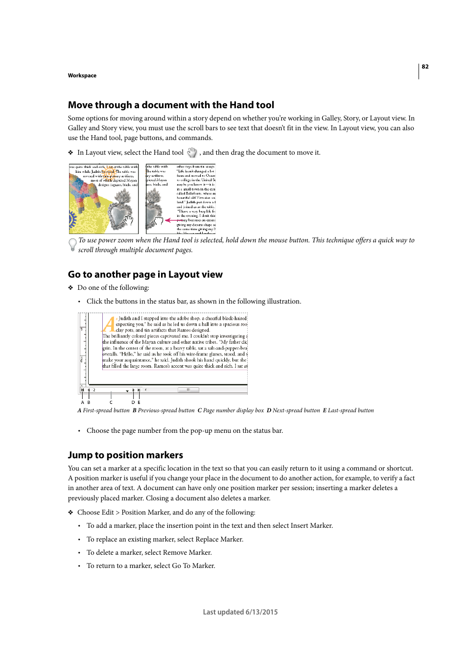 Move through a document with the hand tool, Jump to position markers, Go to another page in layout view | Adobe InCopy CC 2015 User Manual | Page 85 / 393